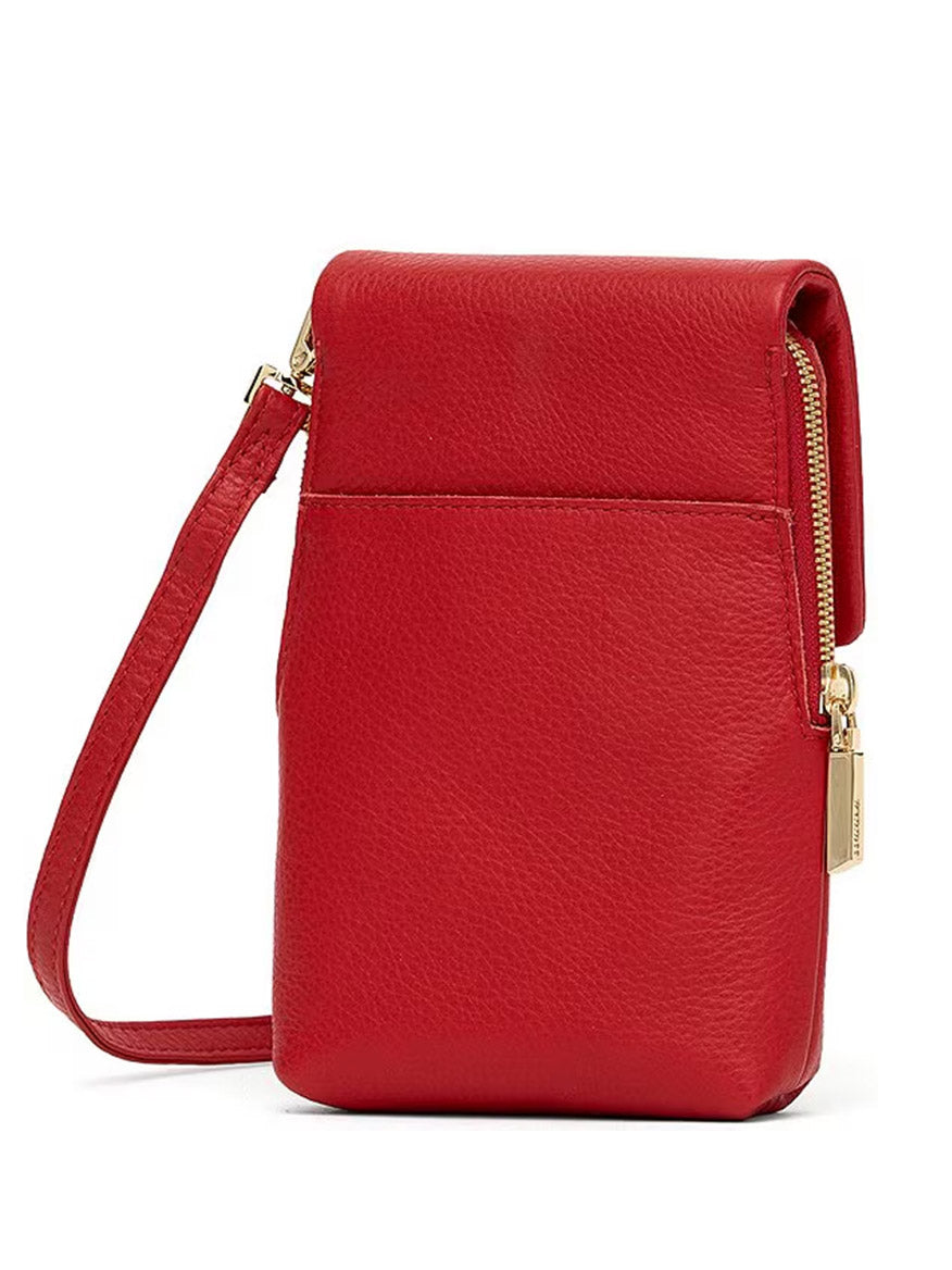 Hammitt Los Angeles VIP Mobile in Chili Red/Gold, a small red pebble leather crossbody bag featuring a gold zipper and detachable wrist strap, is shown standing upright against a white background.