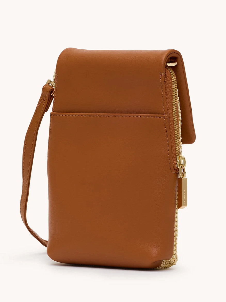 The Hammitt Los Angeles VIP Mobile in Cocoa Raffia/Gold is a compact wristlet bag with raffia texture, gold accents, and a handy wrist strap, shown standing upright against a plain background.