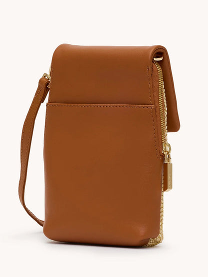 The Hammitt Los Angeles VIP Mobile in Cocoa Raffia/Gold is a compact wristlet bag with raffia texture, gold accents, and a handy wrist strap, shown standing upright against a plain background.