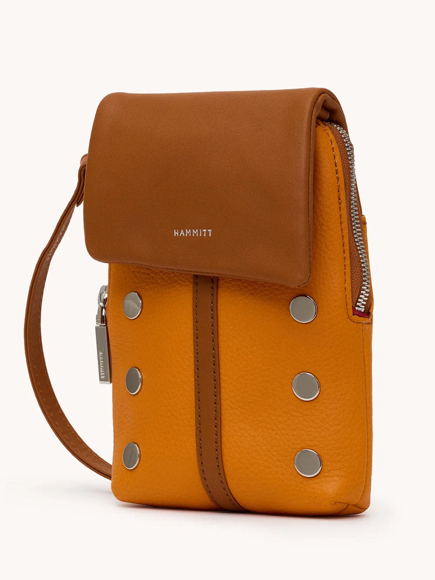 The Hammitt Los Angeles VIP Mobile in Tailored Tangerine/Silver is a compact orange and brown leather purse with a top flap, silver zipper, wrist strap, six front silver studs, and a cellphone pocket—perfect for stylish organization on the go.