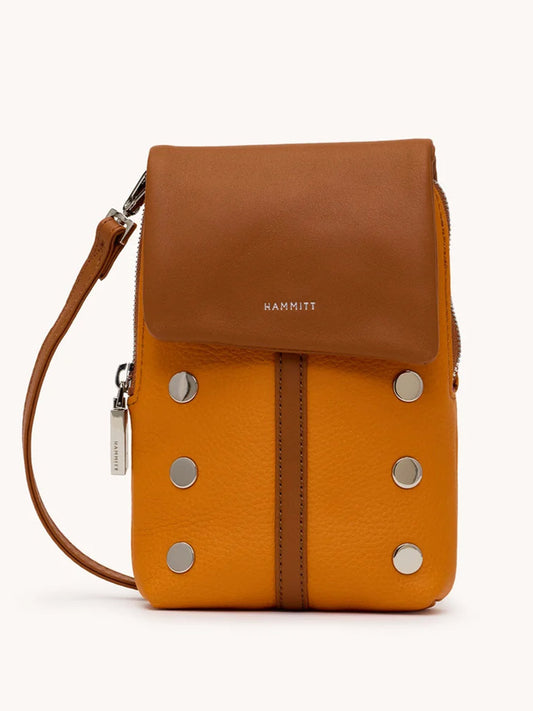The Hammitt Los Angeles VIP Mobile in Tailored Tangerine/Silver is a compact purse with a tan flap, orange body, silver studs, wrist strap, cellphone pocket, and "Hammitt" branding on the flap.