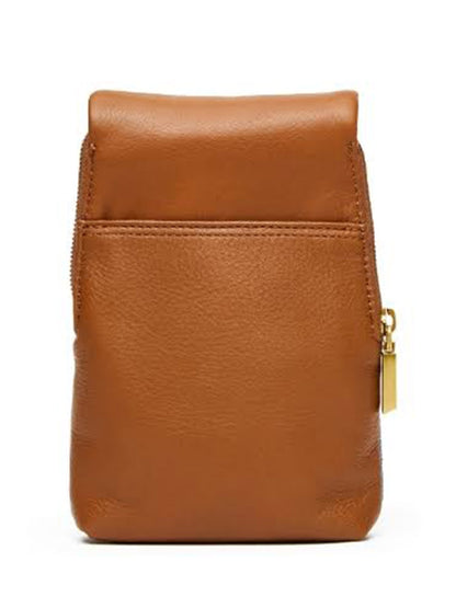 The Hammitt Los Angeles VIP Mobile in Silverlake/Antique Gold is a small, rectangular pouch crafted from brown leather with denim leather trim, featuring a front pocket and an antique gold zipper on the right side, photographed against a white background.