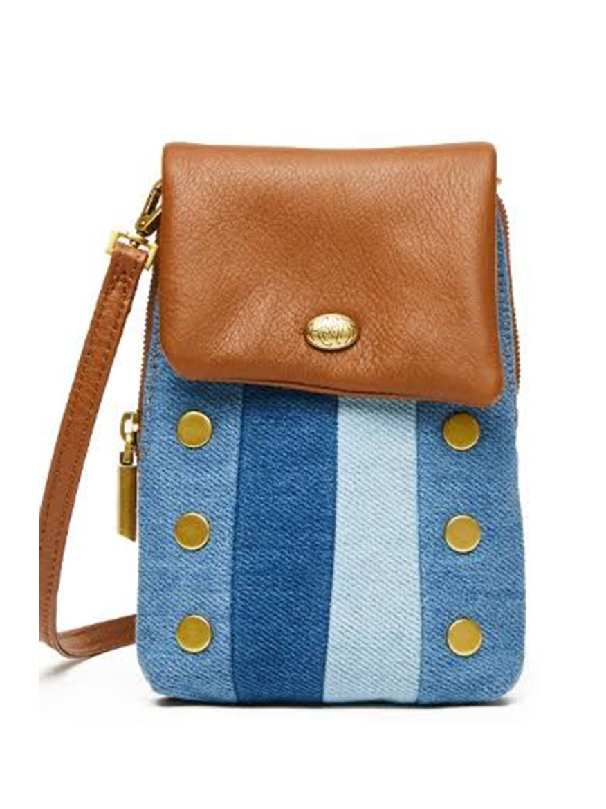 Introducing the Hammitt Los Angeles VIP Mobile in Silverlake/Antique Gold, a chic crossbody bag featuring a brown leather flap with gold button closure, a blue denim body detailed with vertical stripes, and sophisticated gold stud accents adorning the front. Finished with stylish denim leather trim for a modern look.