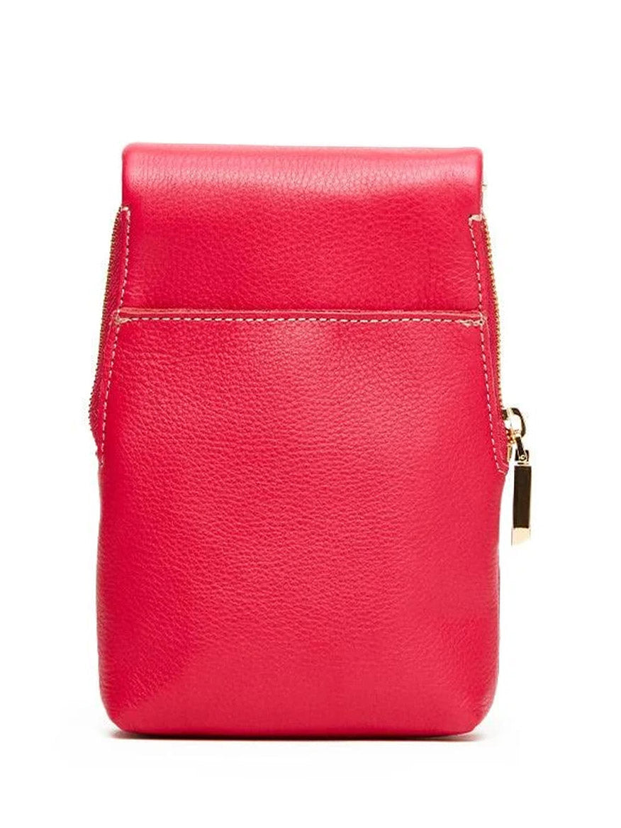 A compact, rectangular pouch in Calypso Pebble red leather with visible stitching and a gold zipper on the right side, known as the Hammitt Los Angeles VIP Mobile.