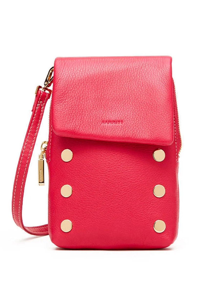 Elevate your essentials with the Hammitt Los Angeles VIP Mobile in Calypso Pebble/Gold—a compact crossbody bag in vibrant pink, expertly crafted from luxurious pebbled leather and accented with gold studs, a secure flap closure, and a matching pink strap for true VIP style on the go.