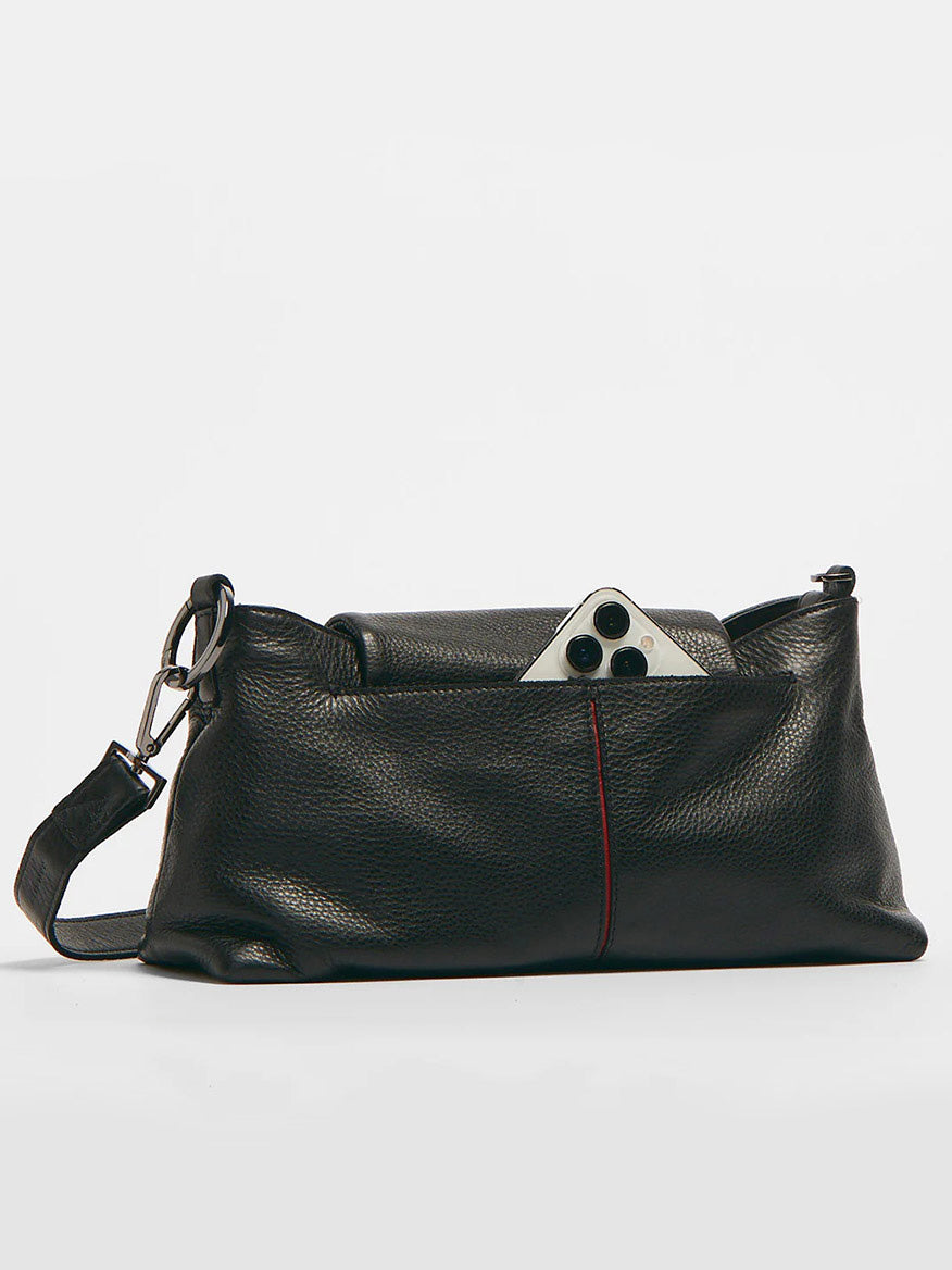 A Hammitt Los Angeles VIP Satchel in Black/Gunmetal with a pebbled leather exterior and a metal clasp partially visible inside its open top.