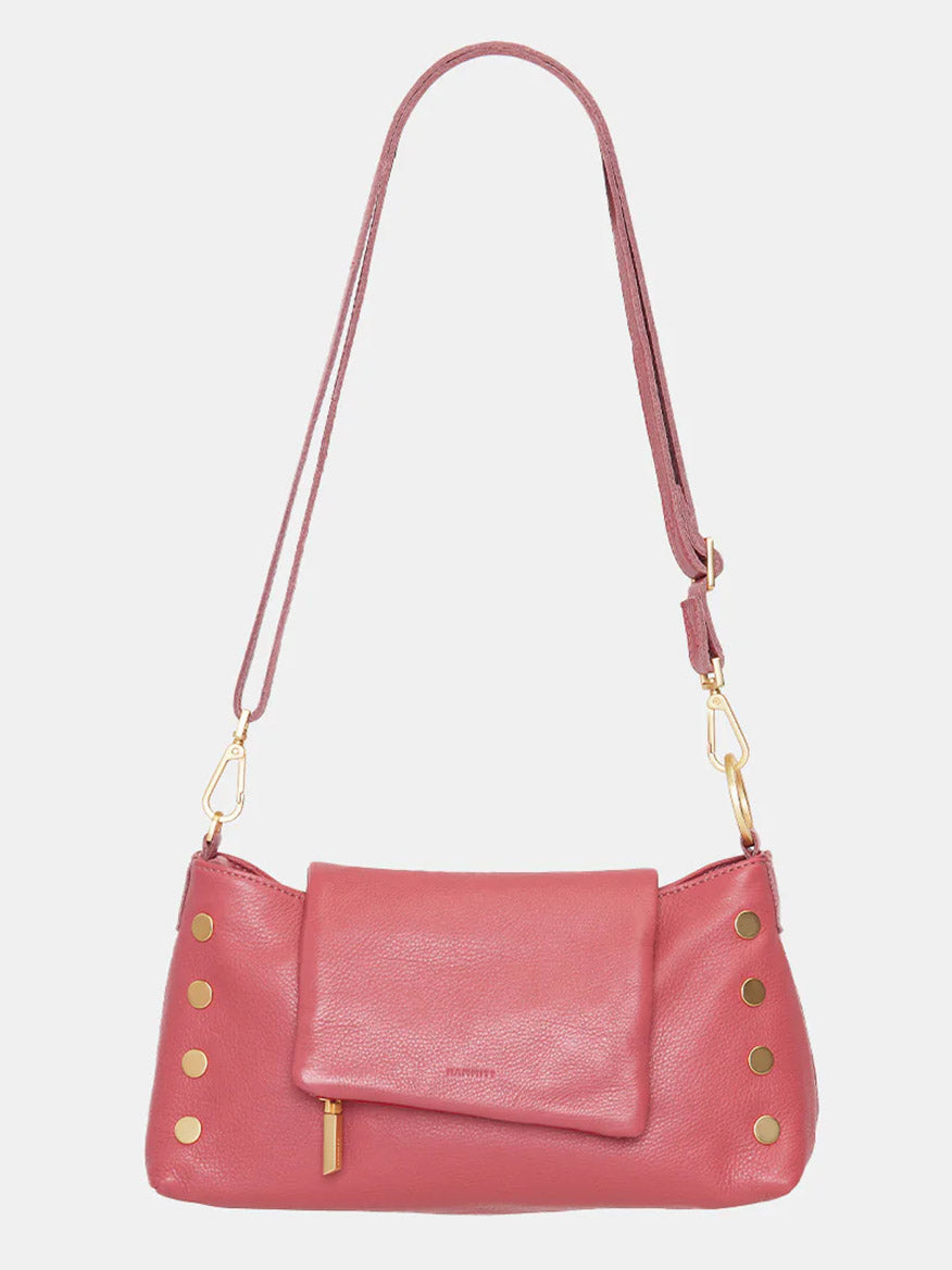 A Hammitt Los Angeles VIP Satchel in Rouge Pink with gold stud details, a magnetic cell pocket closure, and a front flap, isolated on a white background.