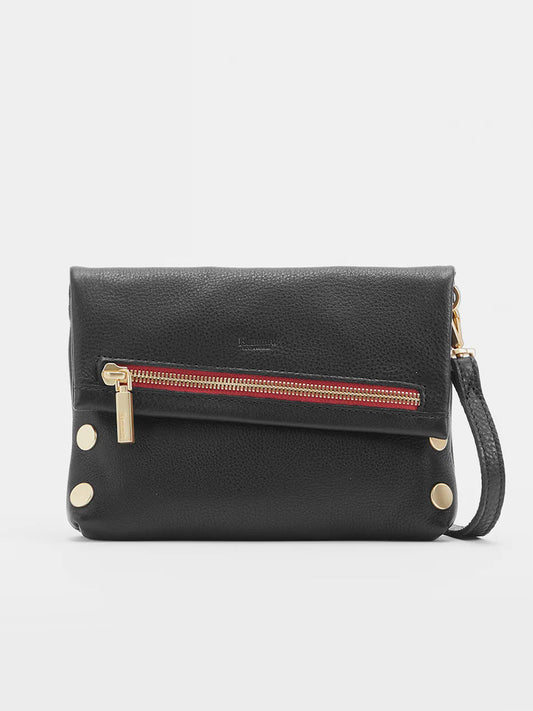 A black leather bag wristlet with a red zippered front pocket, gold-tone hardware, and a gold charm on the zipper pull. This Hammitt Los Angeles VIP Small in Black also features a removable shoulder strap for versatile wear.