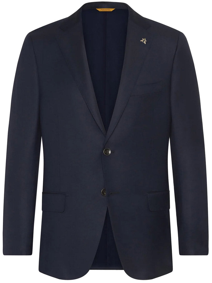 A sophisticated navy Traveler Honey Way blazer from Hickey Freeman's Heritage Gold collection is showcased against a plain backdrop, featuring two buttons and a subtle lapel pin on the left side. Ideal for the contemporary gentleman, this jacket is expertly crafted from luxurious Honey Way wool, offering both style and comfort.