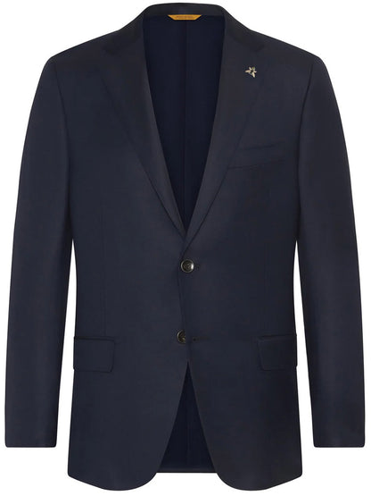 A sophisticated navy Traveler Honey Way blazer from Hickey Freeman's Heritage Gold collection is showcased against a plain backdrop, featuring two buttons and a subtle lapel pin on the left side. Ideal for the contemporary gentleman, this jacket is expertly crafted from luxurious Honey Way wool, offering both style and comfort.