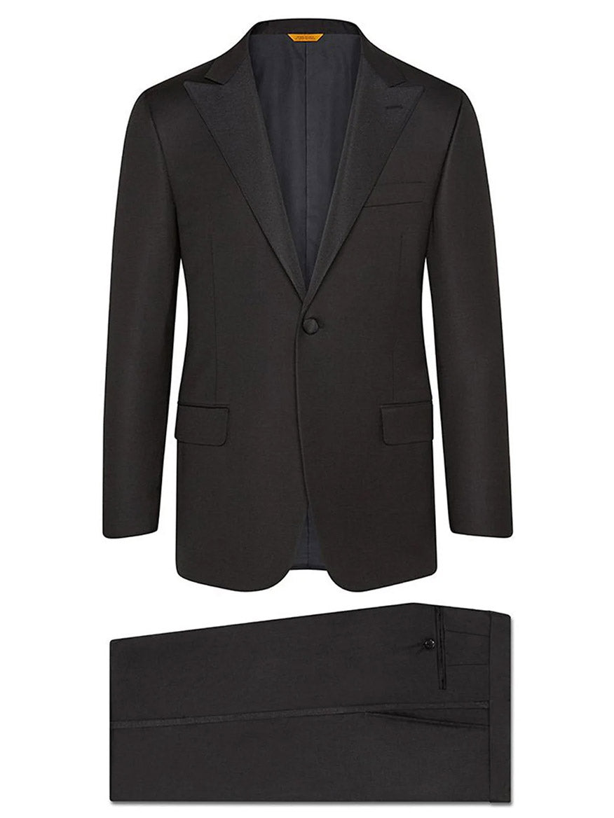 An elegant composition presenting the Hickey Freeman (Heritage Gold) Black Peak Lapel B-Body Tuxedo, expertly tailored from luxurious Super 140s Infinity Wool crafted by the renowned Carlo Barbera Mill, displayed gracefully on a white background.