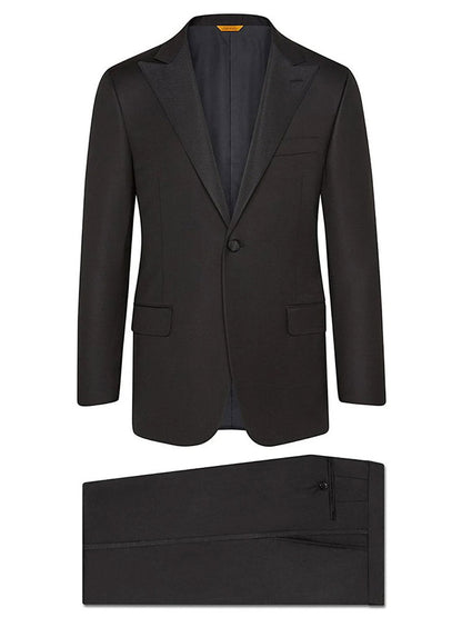 An elegant composition presenting the Hickey Freeman (Heritage Gold) Black Peak Lapel B-Body Tuxedo, expertly tailored from luxurious Super 140s Infinity Wool crafted by the renowned Carlo Barbera Mill, displayed gracefully on a white background.