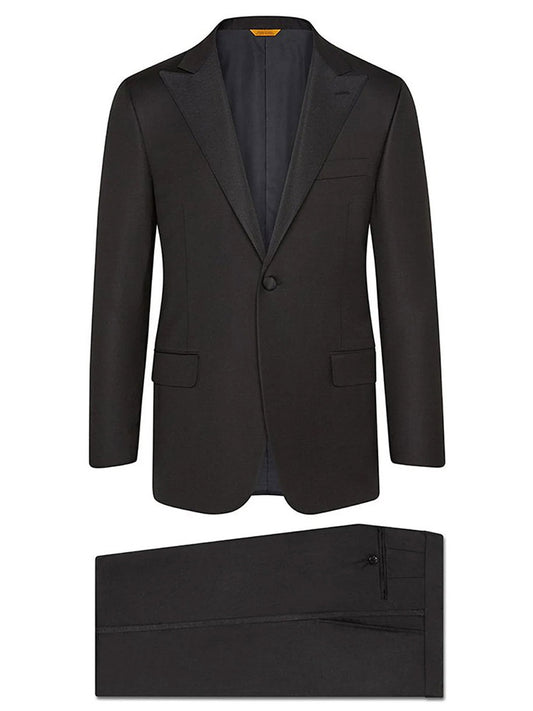 An elegant composition presenting the Hickey Freeman (Heritage Gold) Black Peak Lapel B-Body Tuxedo, expertly tailored from luxurious Super 140s Infinity Wool crafted by the renowned Carlo Barbera Mill, displayed gracefully on a white background.