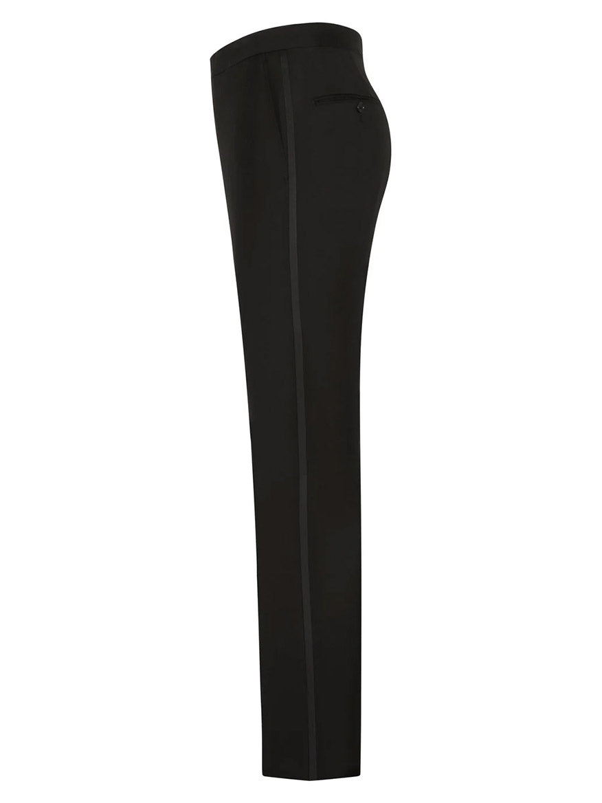 Side view of the Hickey Freeman (Heritage Gold) Tuxedo trousers, crafted from Super 140s Infinity Wool in black for a refined finish, featuring a straight-leg design and a single back pocket.