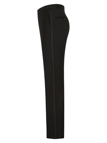 Side view of the Hickey Freeman (Heritage Gold) Tuxedo trousers, crafted from Super 140s Infinity Wool in black for a refined finish, featuring a straight-leg design and a single back pocket.