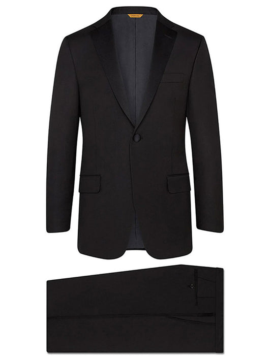 The Hickey Freeman (Heritage Gold) Black Notch Lapel Satin Infinity Tuxedo, tailored from Infinity Wool by Carlo Barbera Mill, includes a refined single-breasted jacket with sophisticated notch lapels and coordinating trousers, all showcased against a pristine white background.