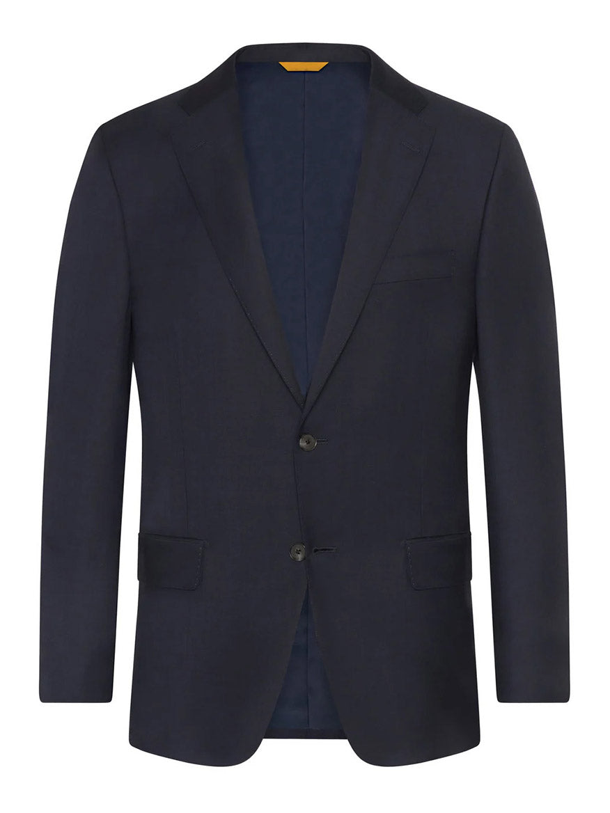 A navy blazer crafted from Super 140s wool with a notch lapel, two buttons, and two front flap pockets on a white background, exuding the timeless elegance reminiscent of the Hickey Freeman (Heritage Gold) Navy Sharkskin Infinity Suit.