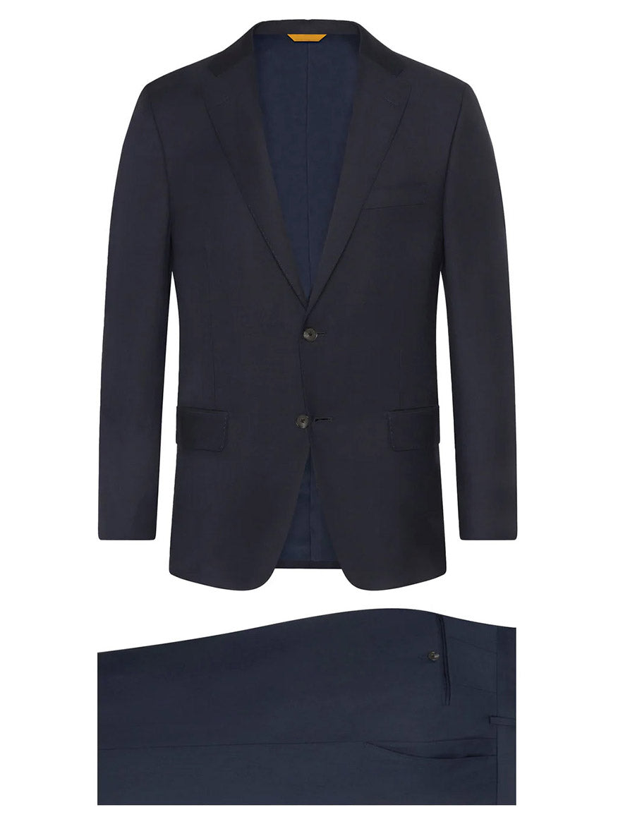 Presented as individual pieces on a white background, the Hickey Freeman (Heritage Gold) Navy Sharkskin Infinity Suit is an elegant choice crafted from Super 140s wool. This suit, consisting of a dark navy blazer and matching pants, showcases precision weaving at the esteemed Carlo Barbera mill.