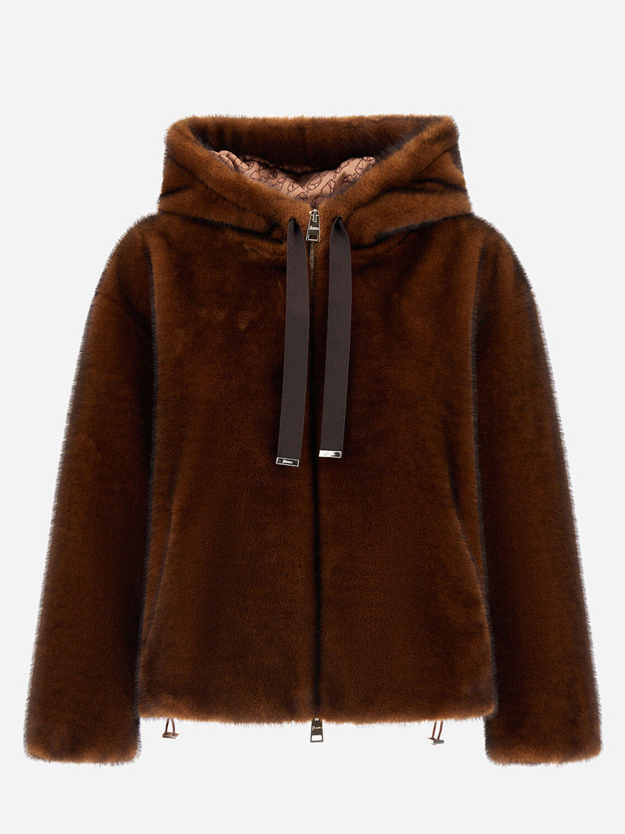 The Herno Bomber Jacket With Melange Alternative Mink Fur in Chocolate features a bomber style, long sleeves, front zipper closure, drawstring hood, and luxe faux fur with a mink-effect finish.