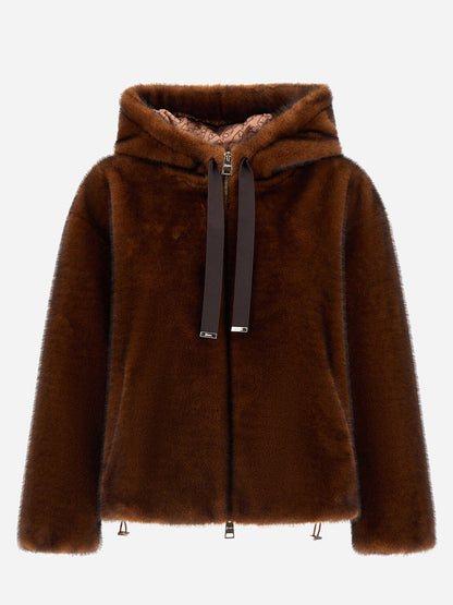 The Herno Bomber Jacket With Melange Alternative Mink Fur in Chocolate features a bomber style, long sleeves, front zipper closure, drawstring hood, and luxe faux fur with a mink-effect finish.