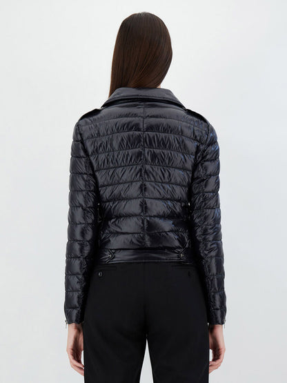 A person viewed from behind wearing a Herno Bomber Jacket in Ultralight Nylon in Black and black pants.