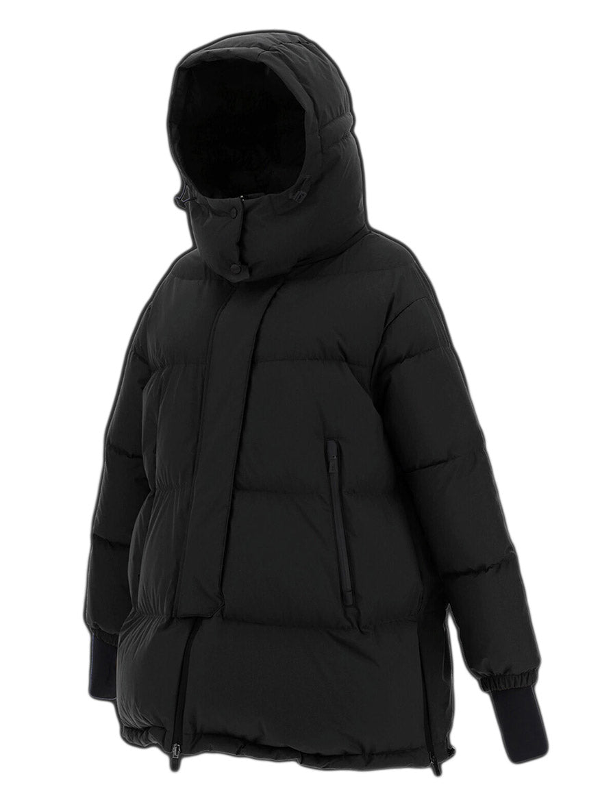 Herno Laminar Oversize Gore-Tex Windstopper Coat in Black with hood covering the entire head, displayed against a white background.