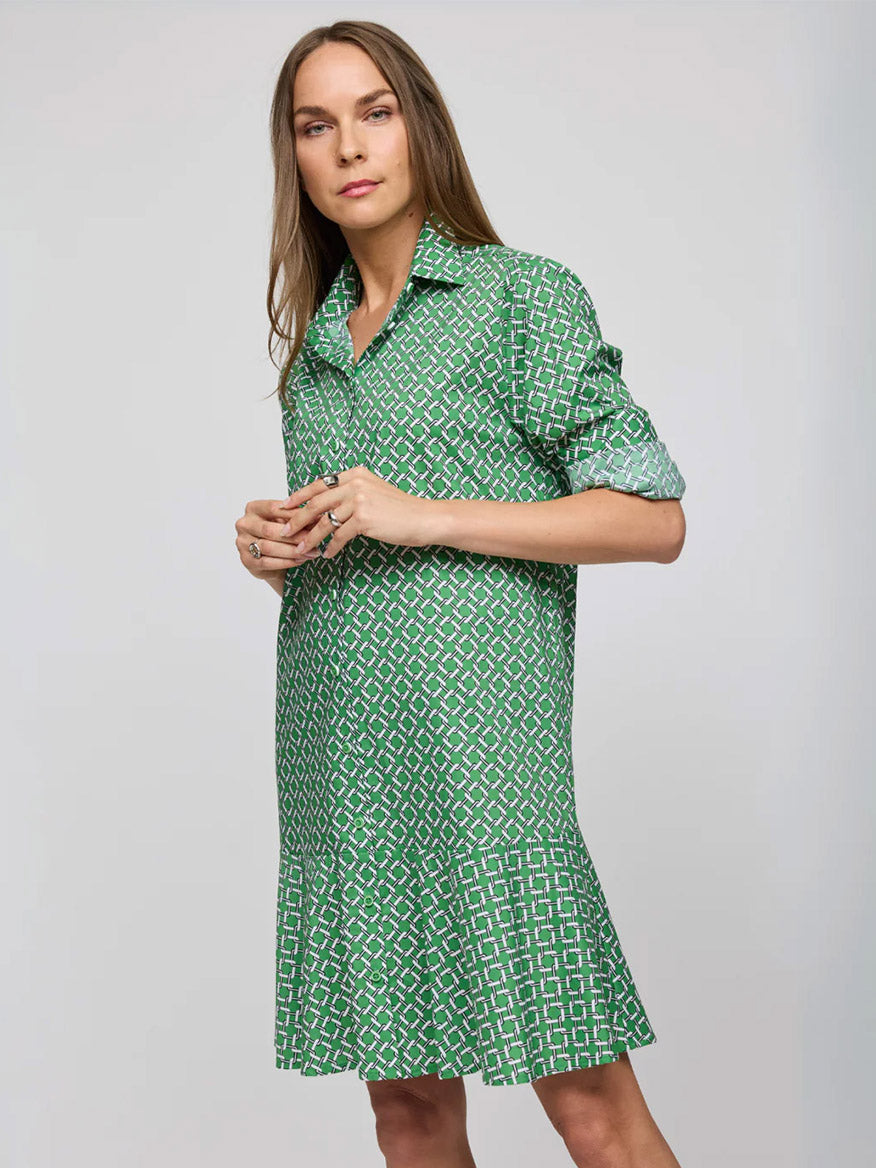 A woman poses in the Hinson Wu Adeline Long Sleeve Chain Link Dress in Green Multi, a knee-length piece with exclusive prints, collar, and long sleeves, crafted from Refined Cotton against a plain light background.
