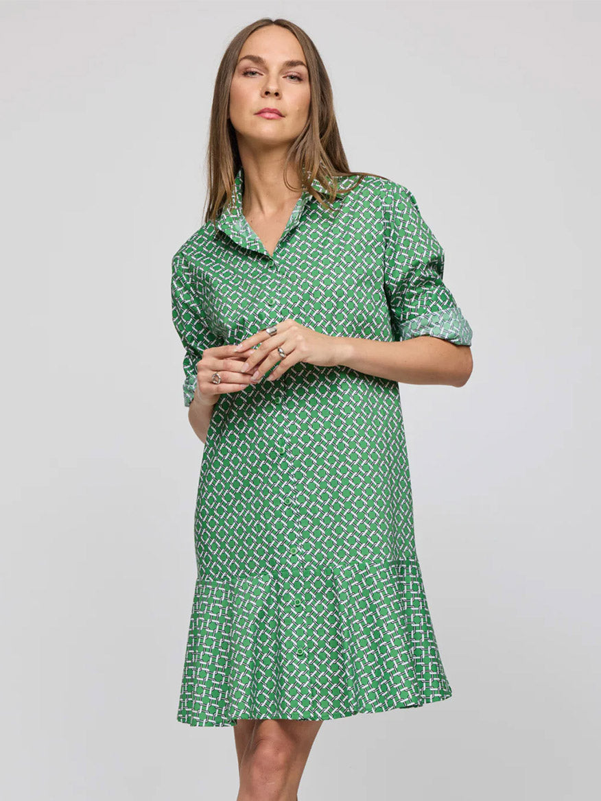 A woman wears the Hinson Wu Adeline Long Sleeve Chain Link Dress in Green Multi, featuring a collar, exclusive green chain link print, long sleeves, and a flared hem, set against a plain light gray background.