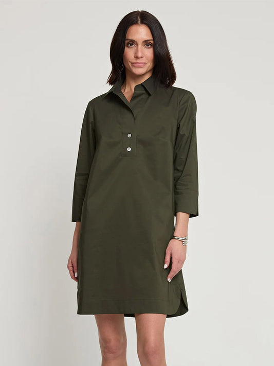 A woman stands against a plain background wearing the Hinson Wu Aileen 3/4 Sleeve Button Back Dress in Oregano.