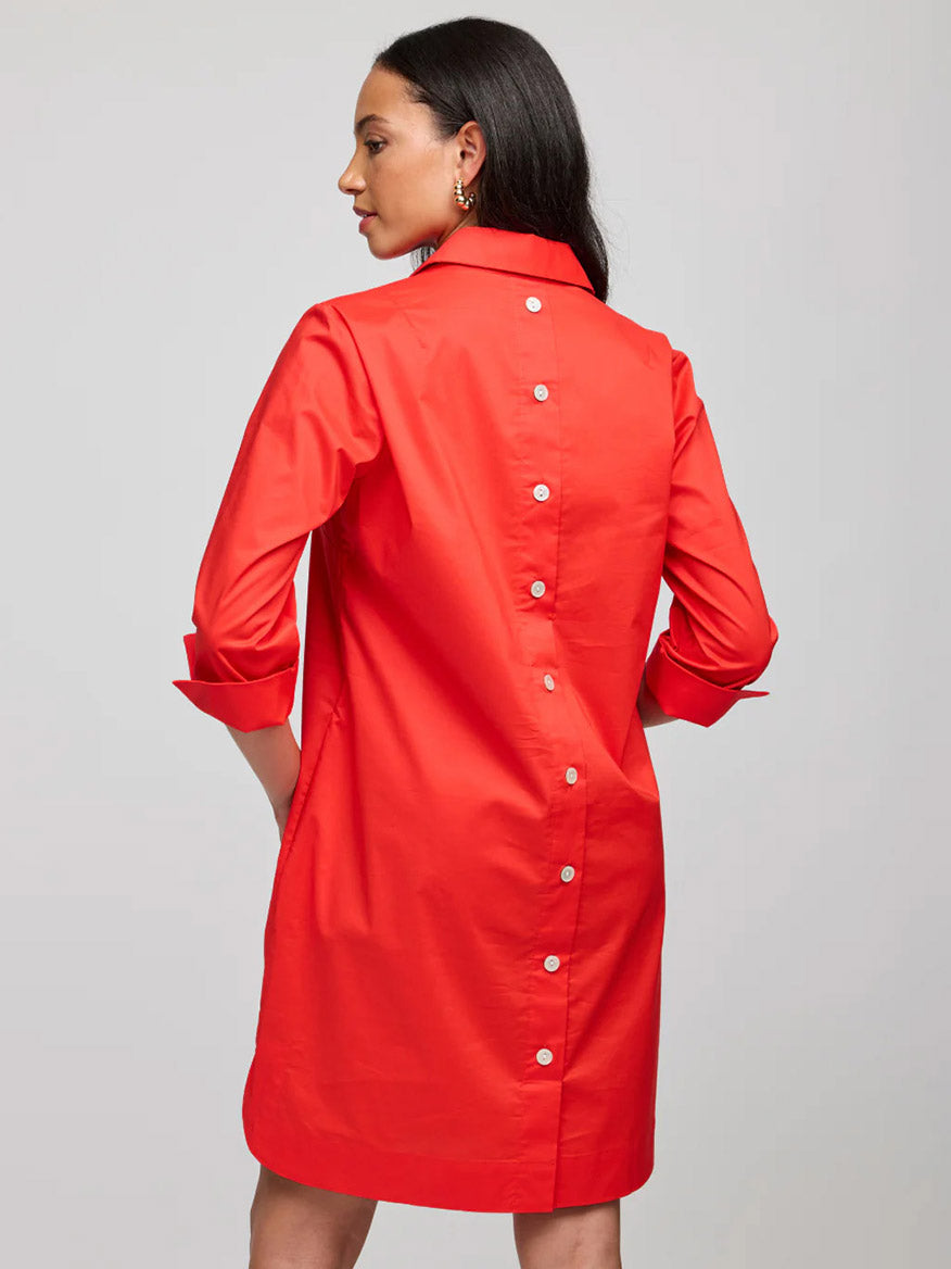 A woman stands with her back to the camera, wearing the Hinson Wu Aileen 3/4 Sleeve Button Back Dress in Scarlet, a knee-length style made from Stretch Polished Cotton with buttons down the back.