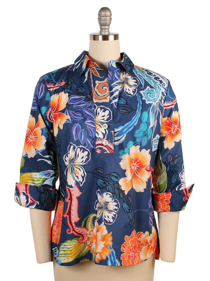 The Hinson Wu Aileen 3/4 Sleeve Floral Shirt in Oasis features a polished look with vibrant orange, blue, and white flowers on a dark background. Made from a cotton stretch blend for comfort and style.