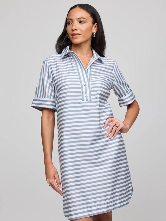 Hinson Wu Aileen Short Sleeve Stripe/Gingham Dress in French Grey/White