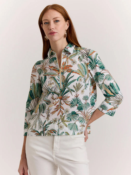 Model wears the Hinson Wu Alessa 3/4 Sleeve Top in Amazonian Print—crafted from a premium cotton blend with subtle stretch—paired with white pants, set against a plain light background.