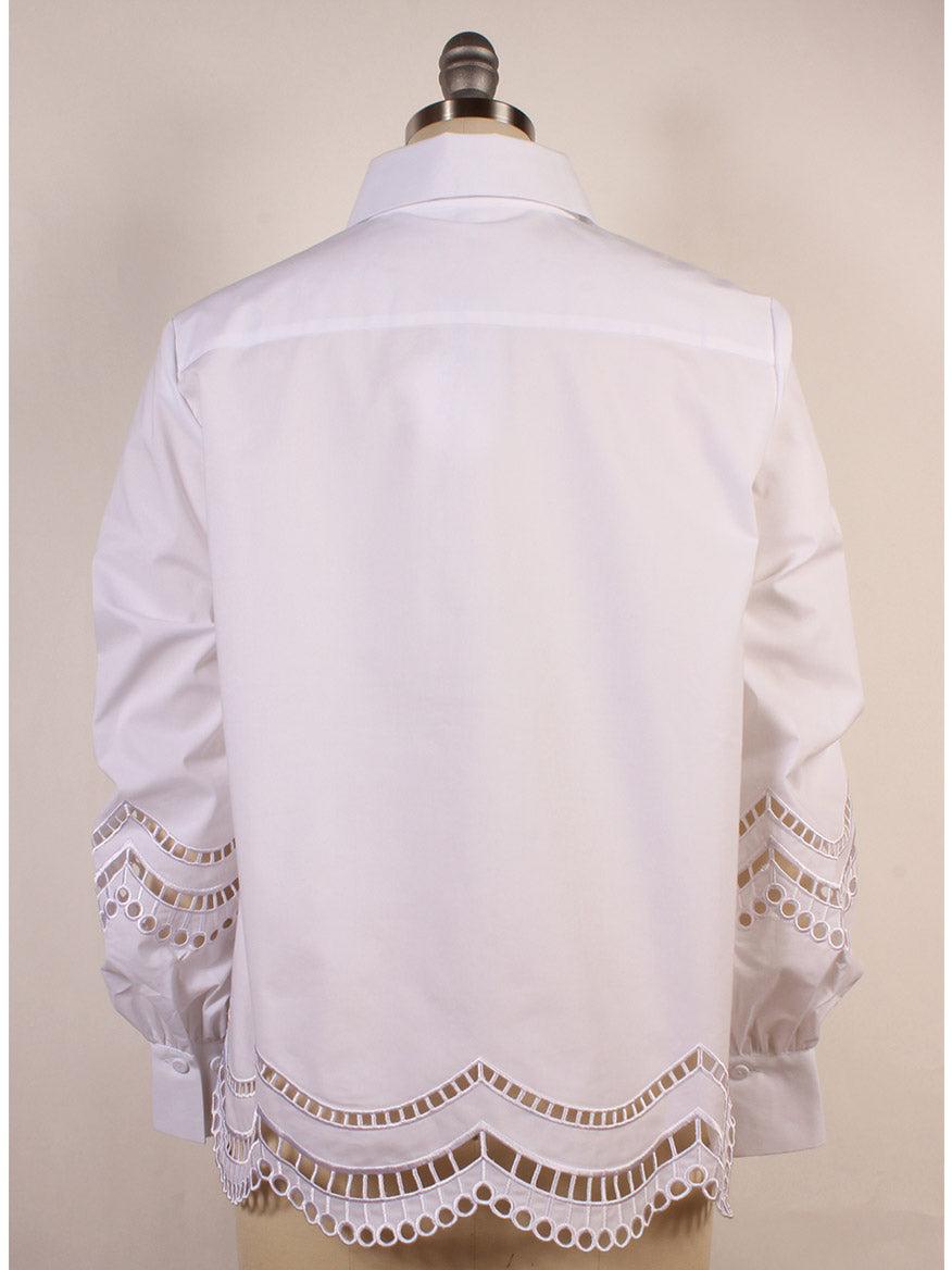 The Hinson Wu Bardot Scalloped Blouse in white, elegantly displayed on a mannequin, features delicate lace-like cutouts with a scalloped hem, embodying sophistication signature to Hinson Wu designs.