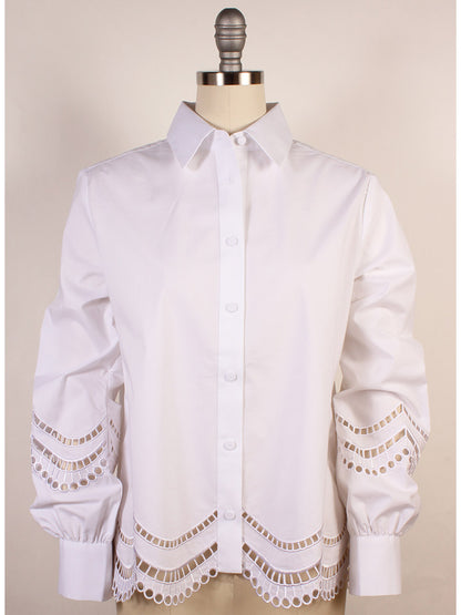 The Hinson Wu Bardot Scalloped Blouse in White, with lace sleeve details and a scalloped hem, is elegantly displayed on a mannequin against a plain background.