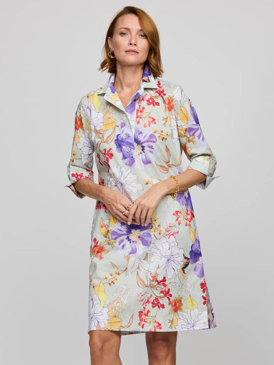 Hinson Wu Charlotte 3/4 Sleeve Watercolor Floral Dress in Neutral Combo