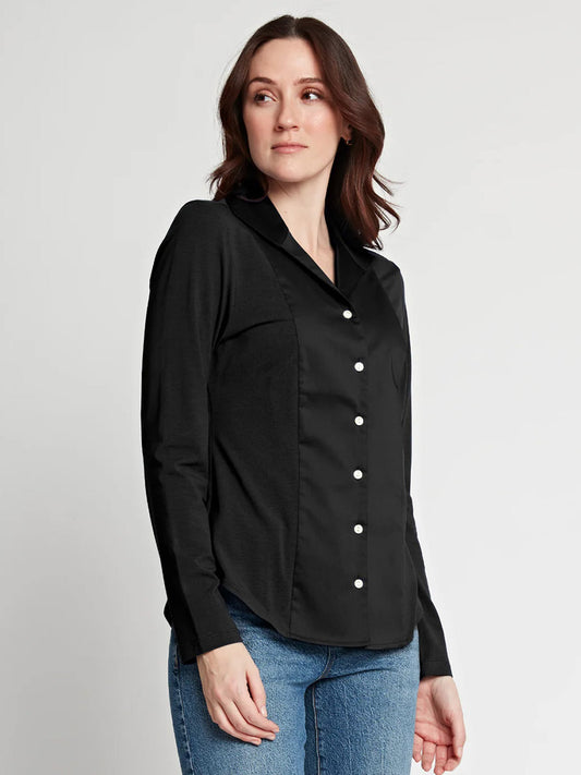 A person wearing the Hinson Wu Donna Long Sleeve Wing Collar "T" Shirt in black and blue jeans poses against a neutral background.