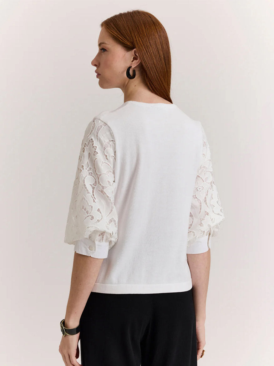 Woman with straight red hair, shown from the back against a plain light background, wears the Hinson Wu Millie Lace Elbow Sleeve Sweater in White and black pants.