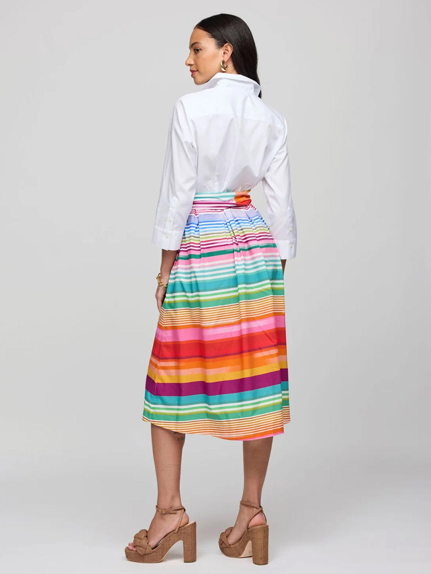 A woman is seen from behind, dressed in a Hinson Wu Robin 3/4 Sleeve Stripe Dress in White Ombre, paired with sandals against a plain background.