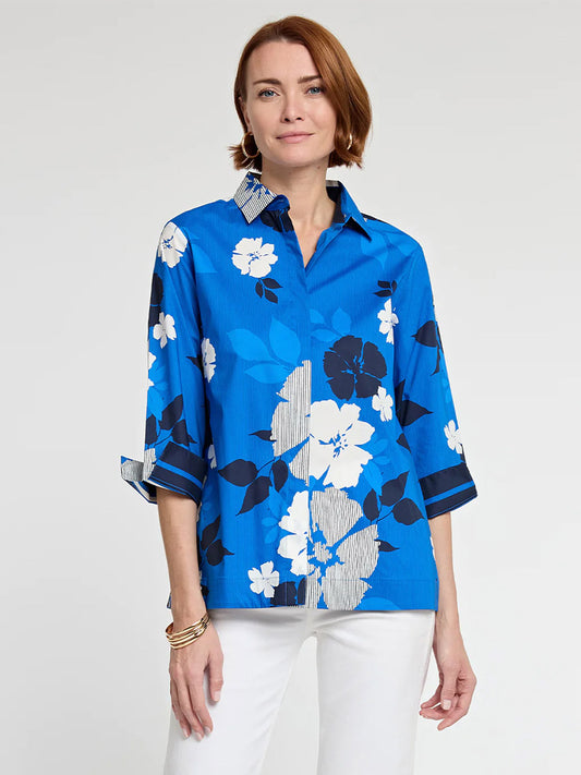 Hinson Wu Xena 3/4 Sleeve Engineered Floral Stripe Print Shirt