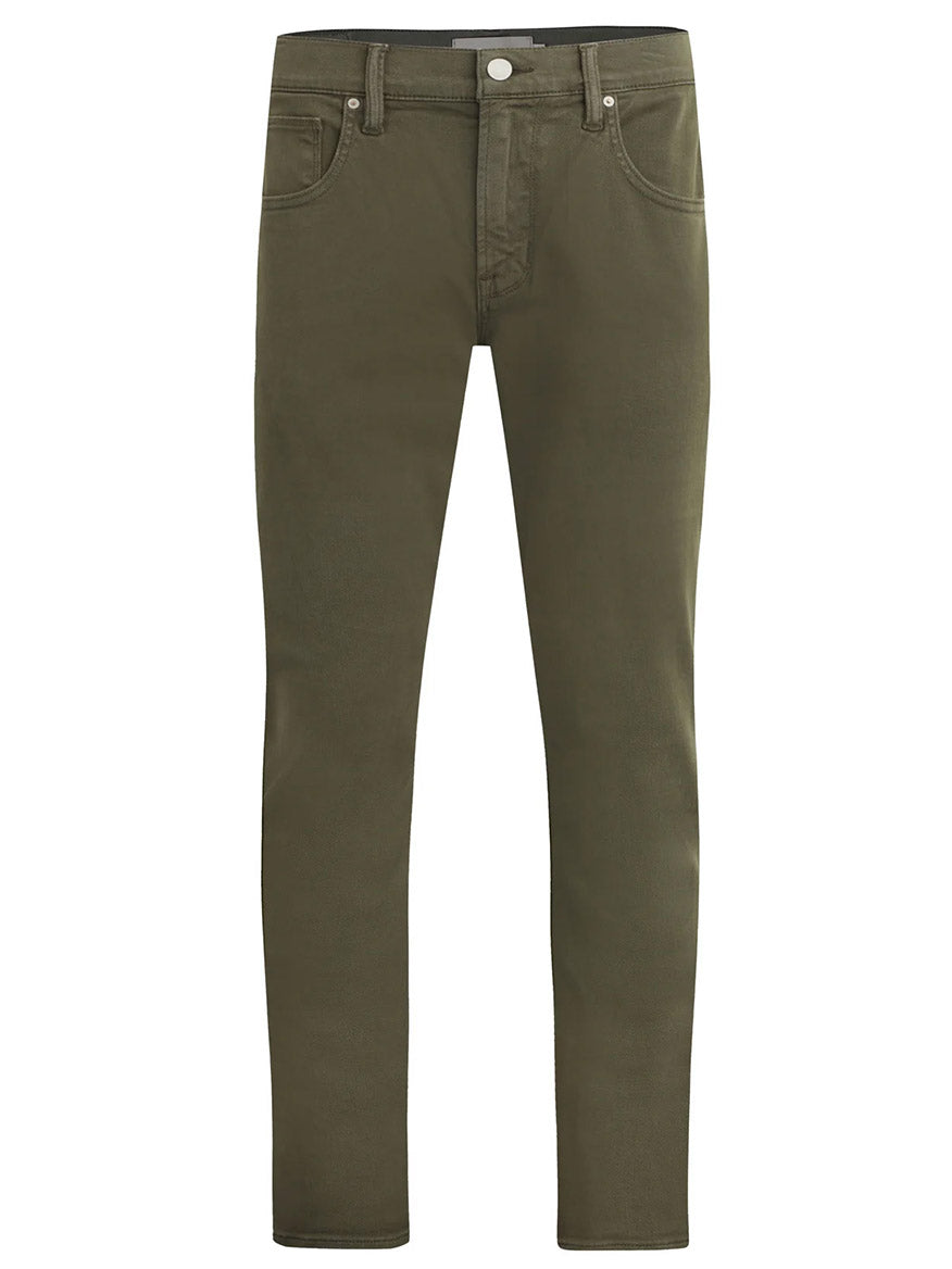 The Hudson Blake Slim Straight Jeans in Dark Forest feature a slim-fit design with tapered legs, button and zip closure, belt loops, and five pockets. These olive green jeans are displayed on a white background.