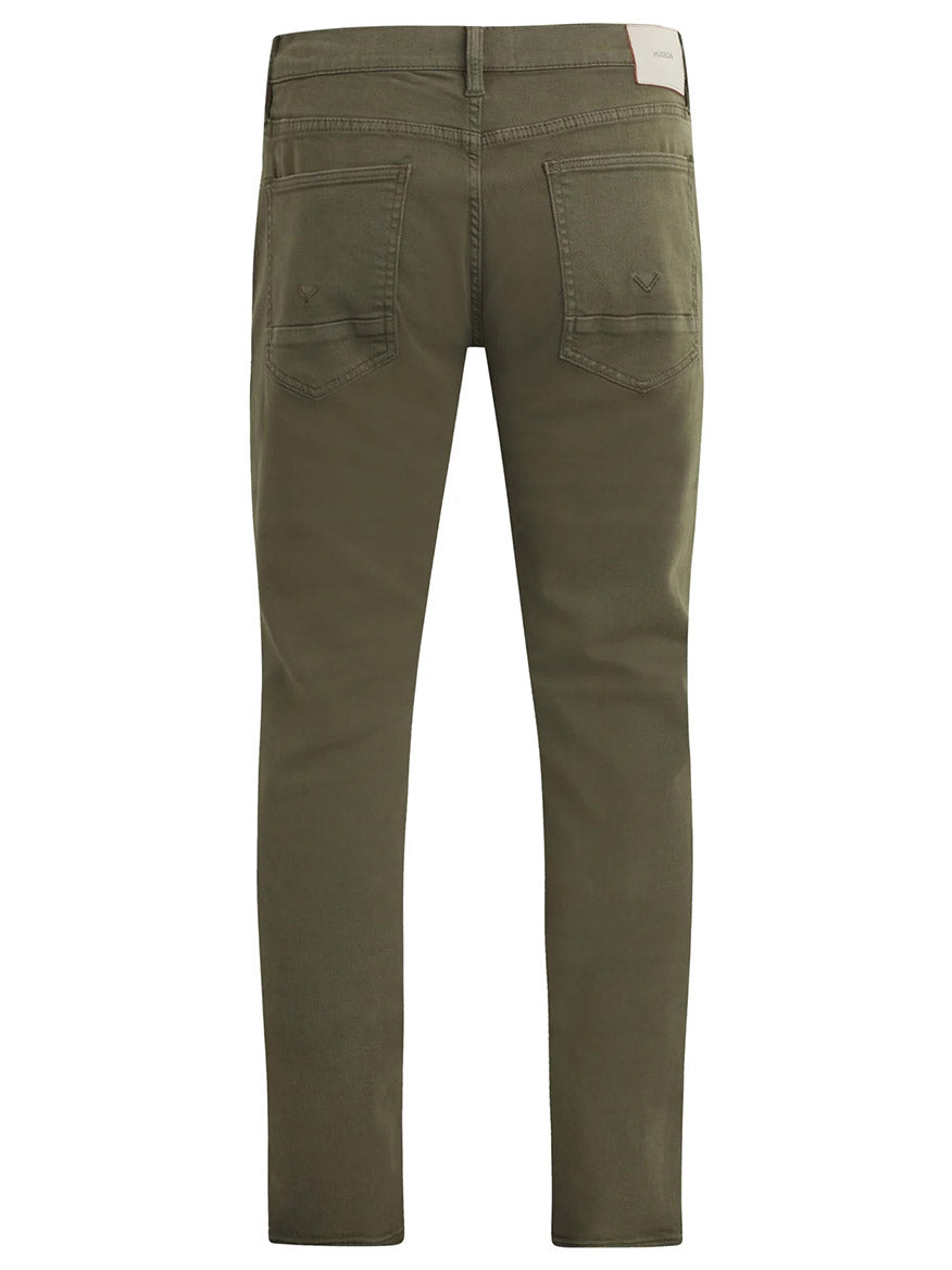 A pair of Hudson Blake Slim Straight Jeans in Dark Forest viewed from the back, featuring two rear pockets and straight legs.