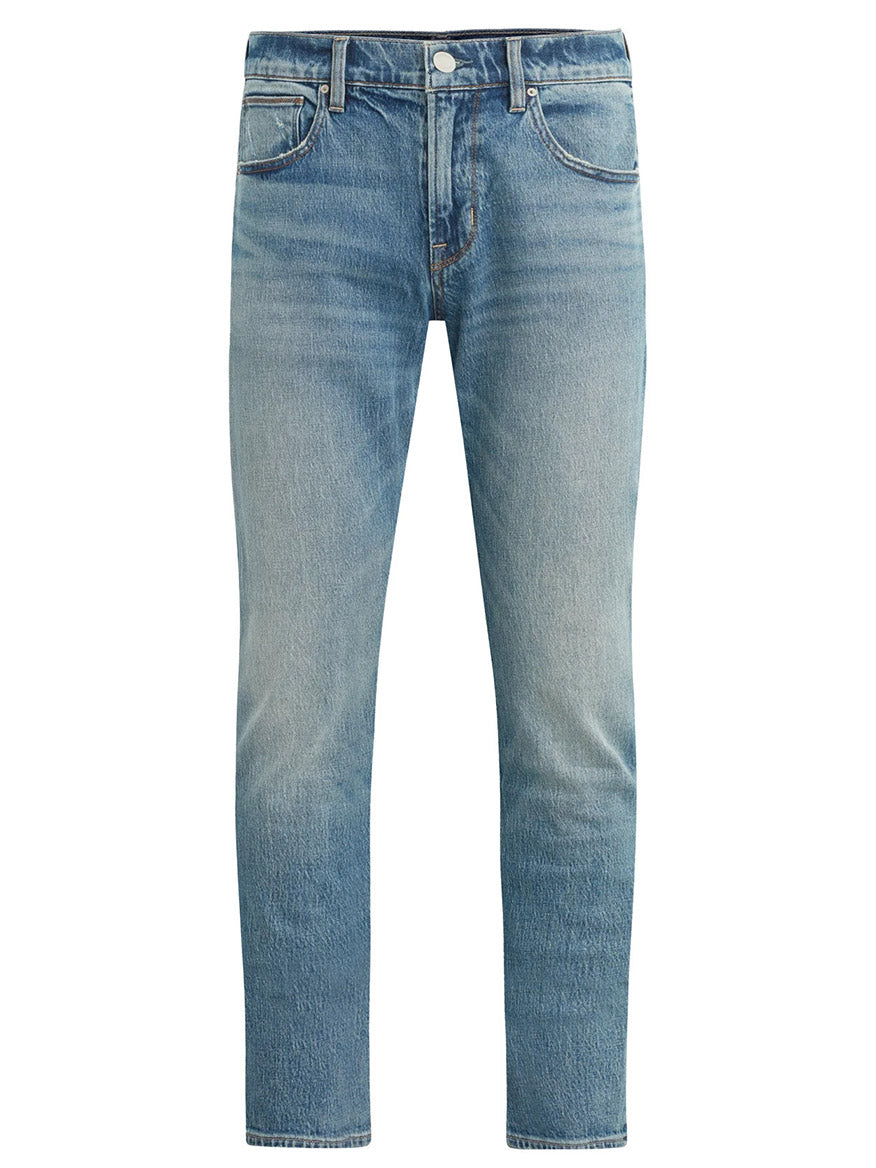 The Hudson Blake Slim Straight Jeans in Blue Cove feature a classic five-pocket design and button closure, crafted from comfort stretch denim. Displayed against a crisp white background, these jeans offer both style and flexibility.