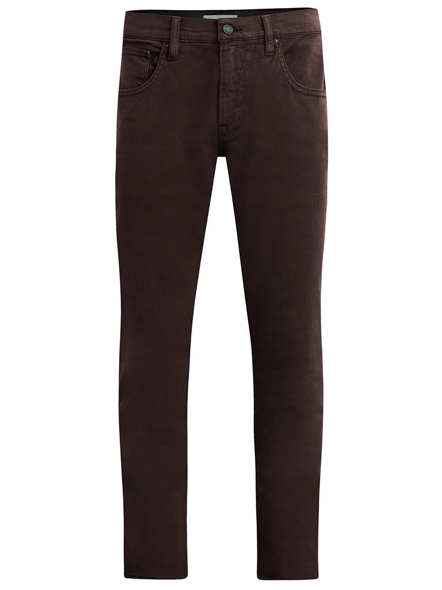 The Hudson Blake Slim Straight Jeans in Timber feature a dark brown denim with a classic five-pocket design and button closure, shown from the front.