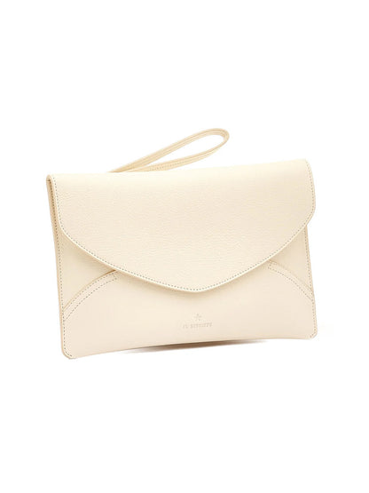 The Il Bisonte Esperia Clutch in White Cowhide Leather, handmade in Tuscany from vegetable-tanned leather, features a beige color with a wrist strap and an elegant folded flap design.