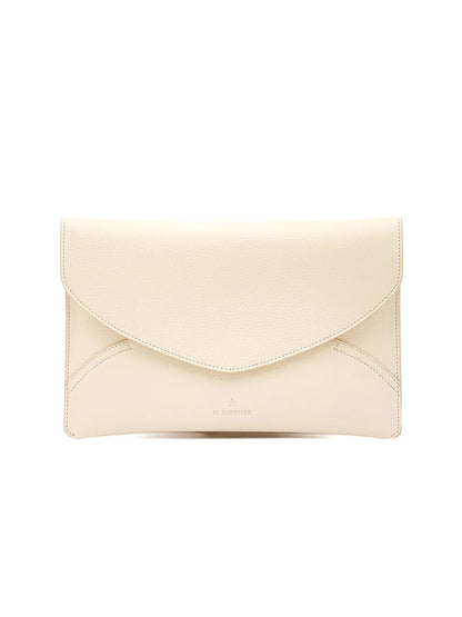 A white Il Bisonte Esperia Clutch in cowhide leather with a smooth finish, handmade in Tuscany from vegetable-tanned leather. It boasts subtle stitching details and a small embossed logo at the bottom center.