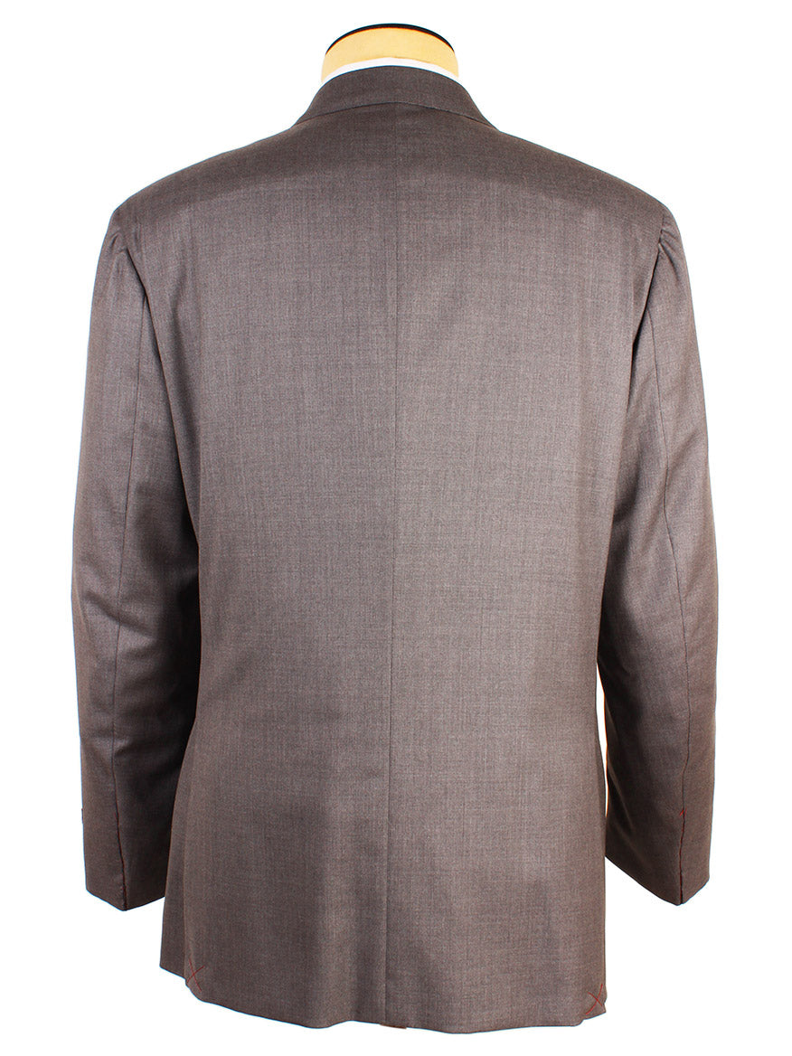 Back view of a brown tailored suit jacket on a hanger, with a single center seam and slight pleating at the shoulders. Made in Italy by Isaia AquaSpyder 160s Wool Suit in Solid Medium Grey.