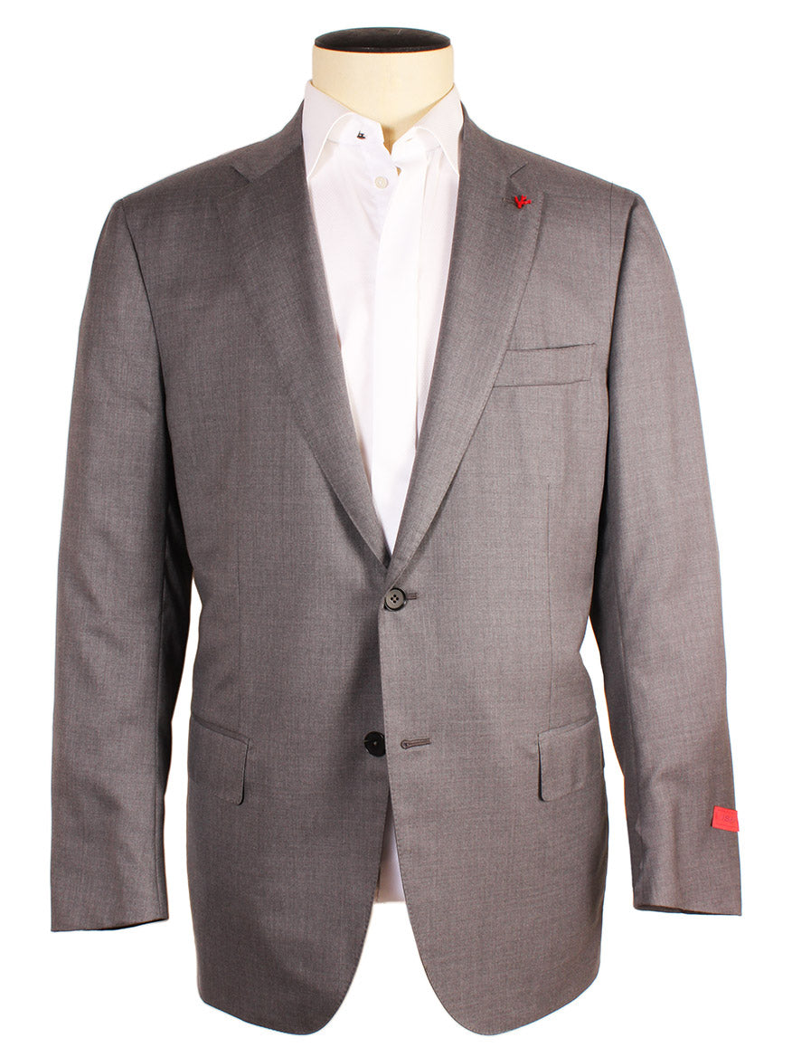 A grey Isaia AquaSpyder 160s Wool Suit in Solid Medium Grey paired with a white dress shirt is displayed on a headless mannequin against a white background, showcasing the elegance of a tailored suit made in Italy.