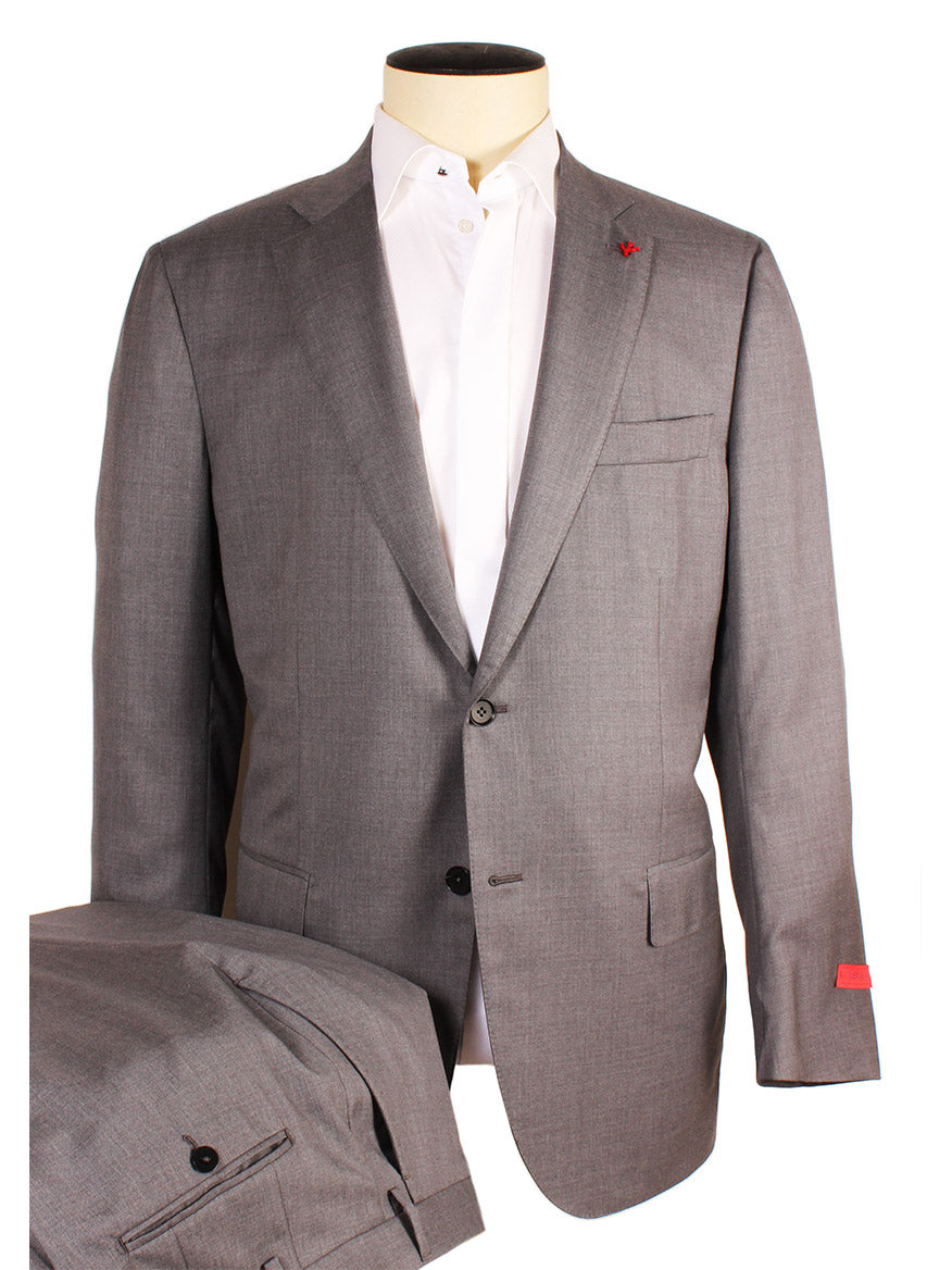 A mannequin showcases a grey tailored suit jacket over a white dress shirt, with matching trousers placed neatly in front. This elegant ensemble is the Isaia AquaSpyder 160s Wool Suit in Solid Medium Grey and proudly Made in Italy, reflecting impeccable craftsmanship and timeless style.