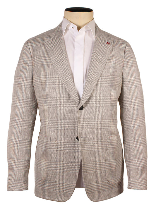 A mannequin in the elegant Isaia Capri Sport Jacket in Cream Glenn Plaid, made from a luxurious wool/silk blend, over a crisp white dress shirt with a striking red lapel pin. Made in Italy, this ensemble exudes timeless elegance and sophistication.